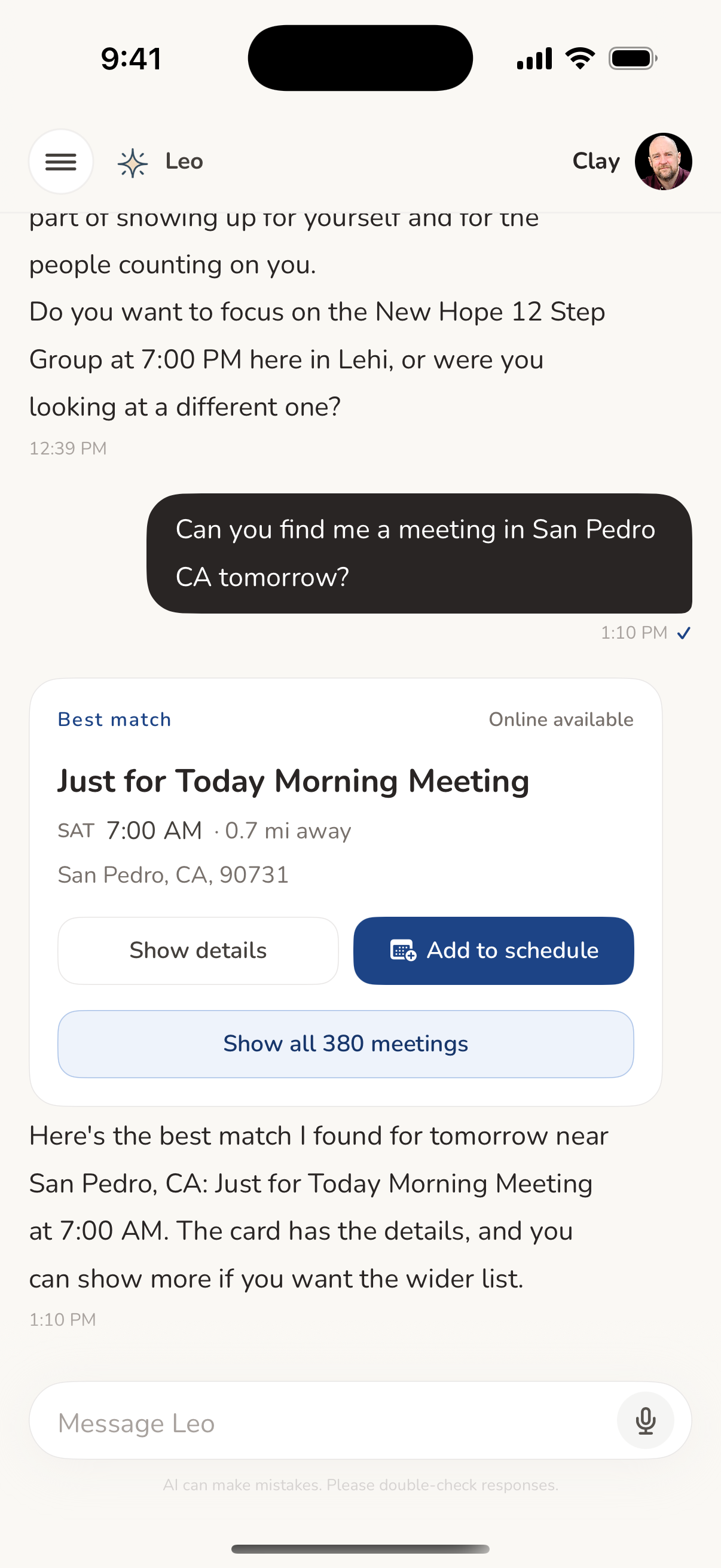 Client chatting with Leo, OnTheBeam's guardrailed AI coach