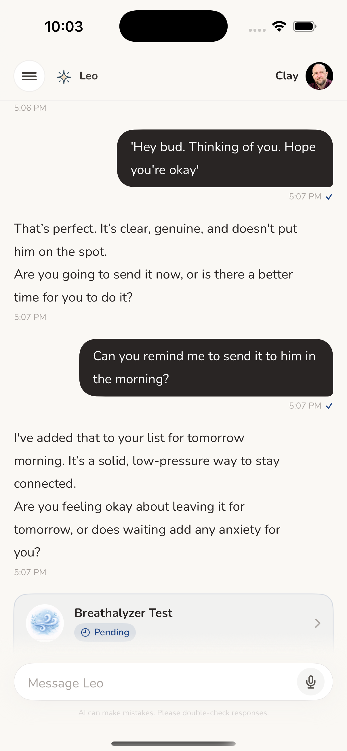 Client's phone showing a conversation with their coach inside the practice's own branded experience