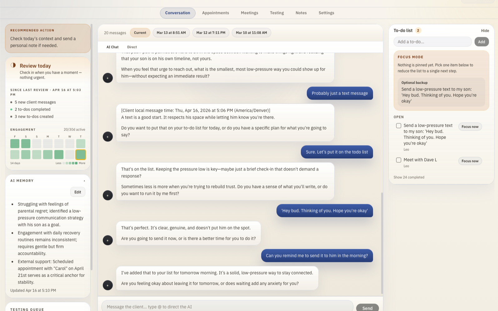 Coach conversation workspace showing a client chat alongside engagement status, case summary, and a running to-do list
